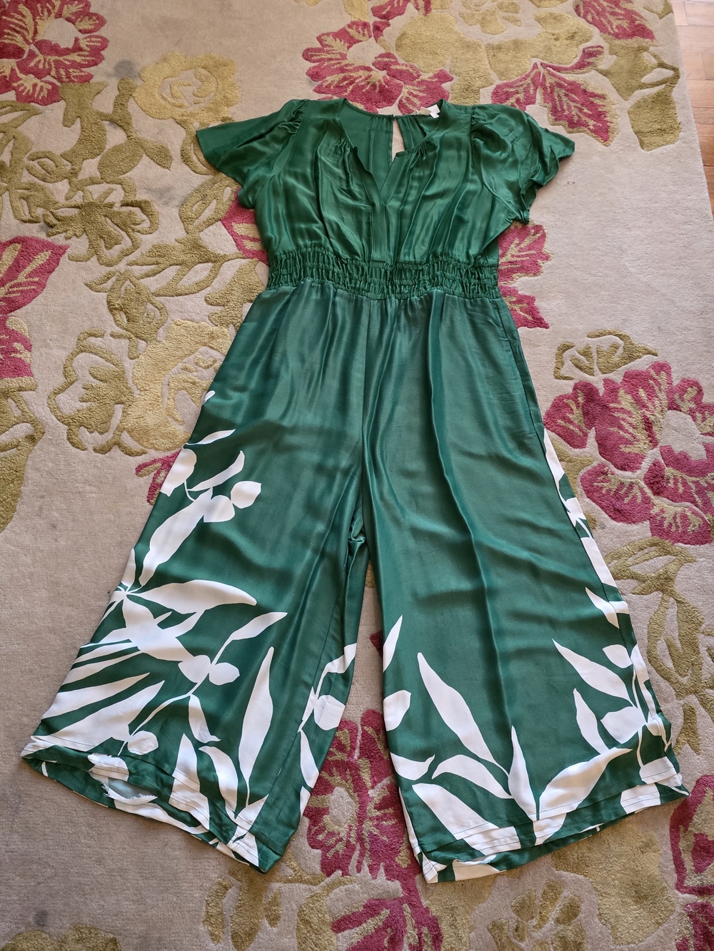 Anthropologie Emerald Green Botanical Wide-Leg Jumpsuit